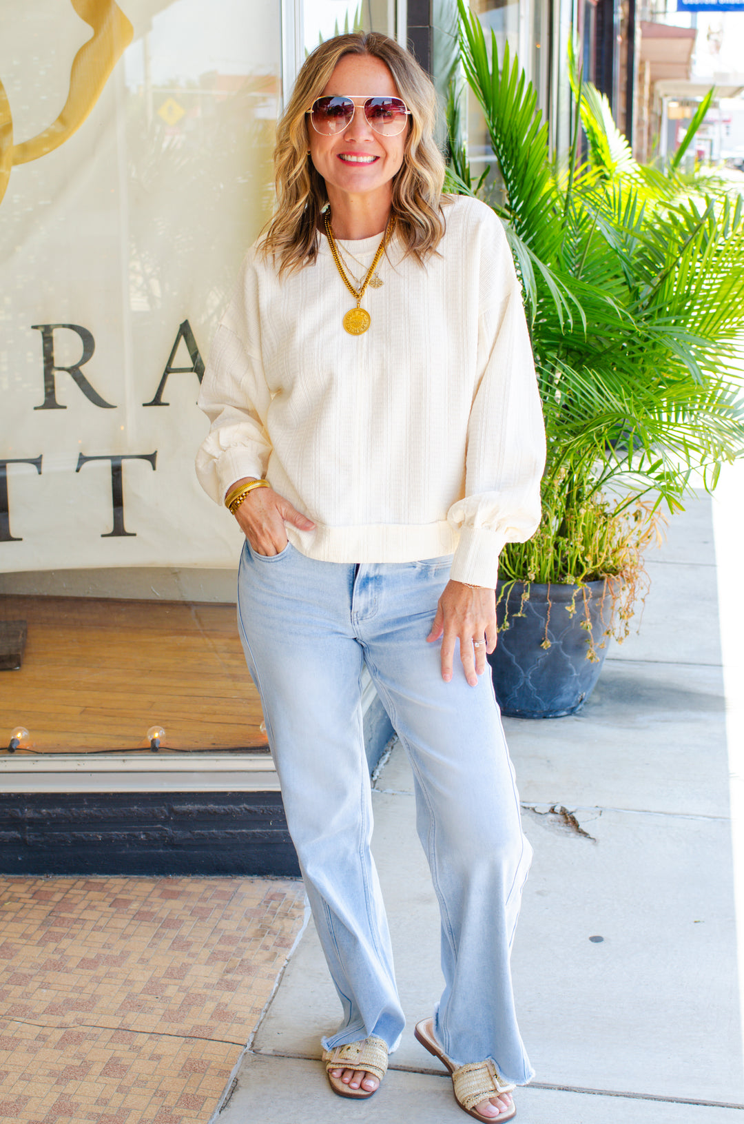 Breathless Modern Textured Boxy Long Sleeve Top in Cream