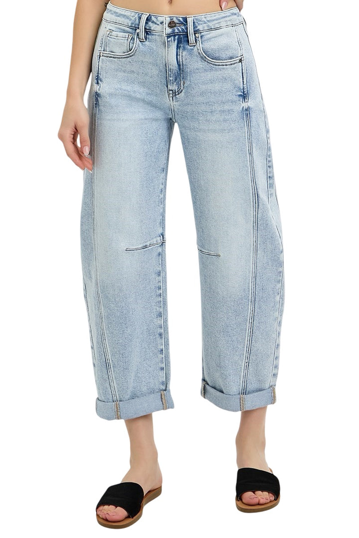 Risen High Rise Boyfriend Cuffed Barrel Jeans in Light Wash