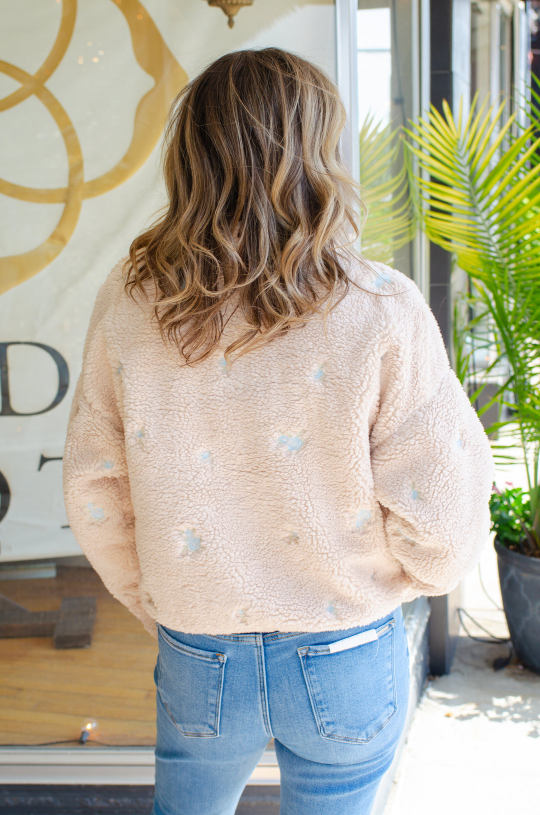Perfect Pullover Floral Embroidered Sherpa Pullover in Cream