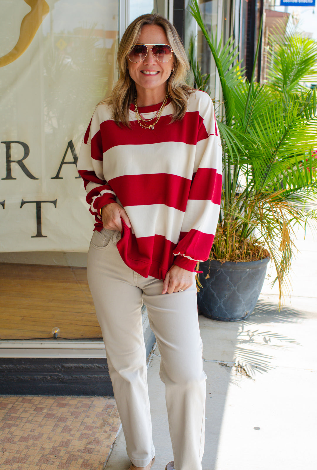 Be Bold Red & Cream Stripe Oversized Crewneck Long Sleeve Top