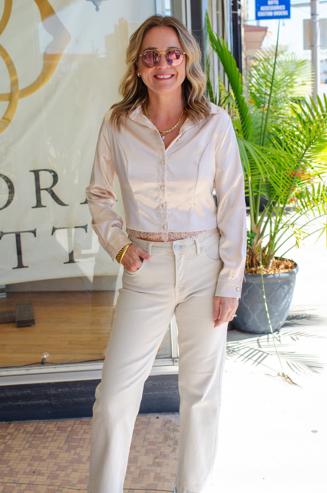 Winter Wonder Satin Lace Hem Button Down Blouse in Champagne
