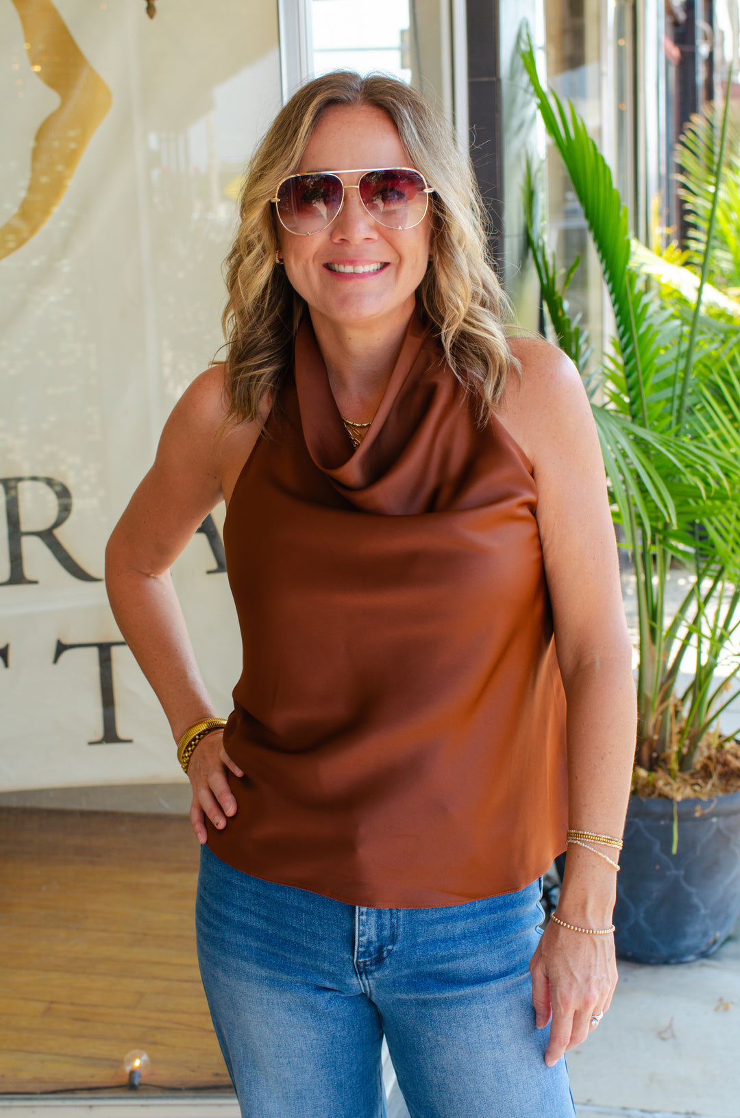 Date Night Beauty Cowl Neck Top in Brown