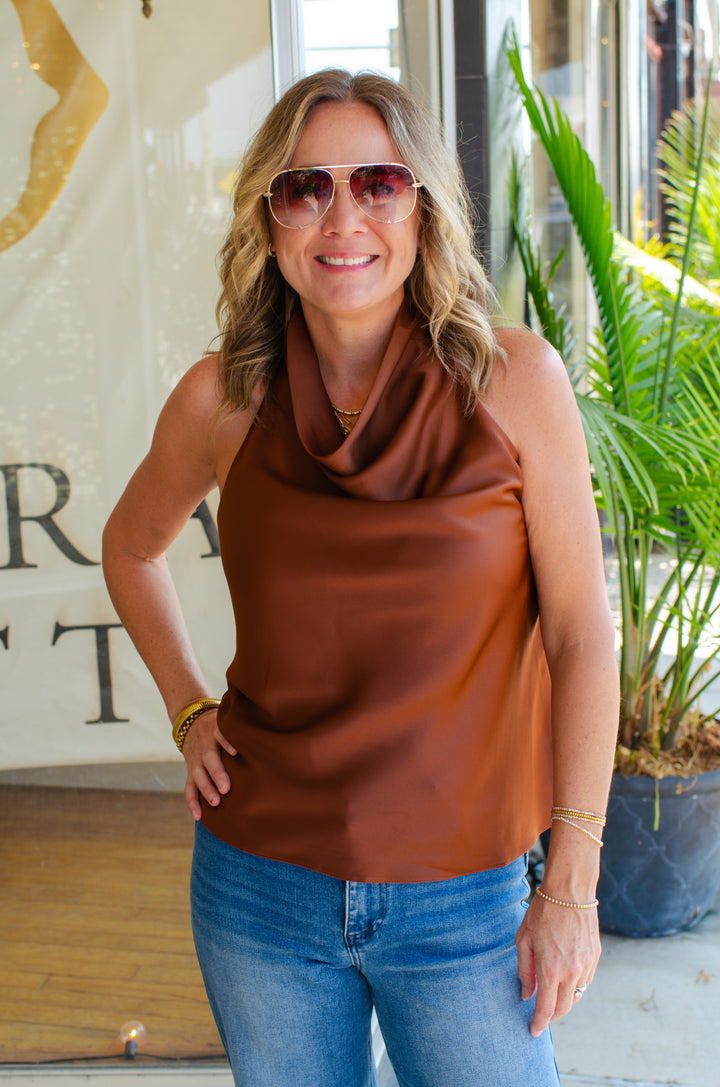 Date Night Beauty Cowl Neck Top in Brown