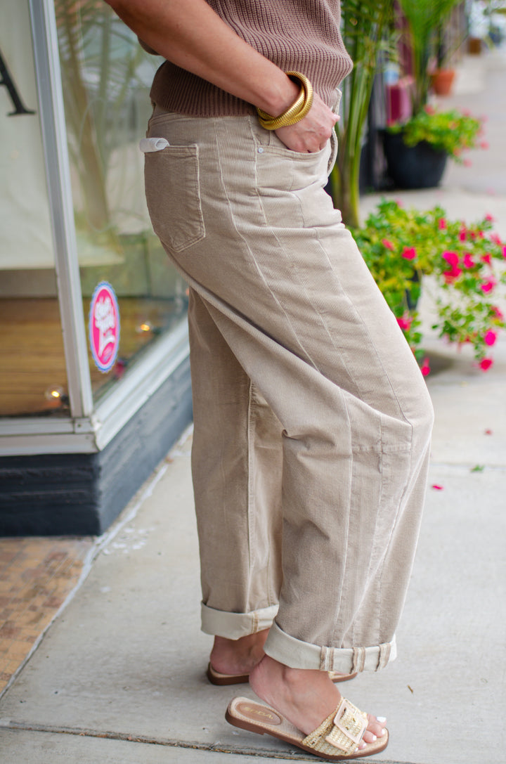 Risen High Rise Crop Barrel Corduroy Pants in Tan