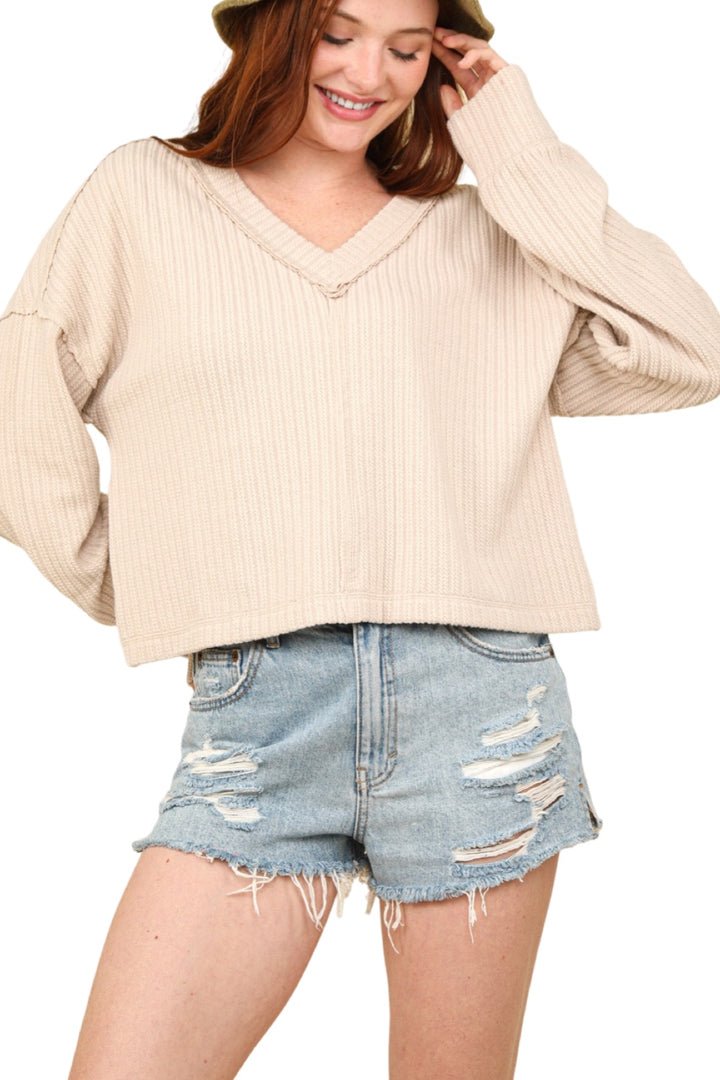 Comfort & Style V-Neckline Long Sleeve Top in Cream