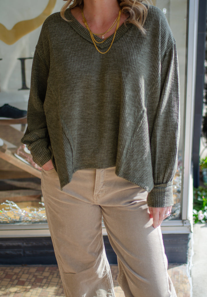 Our Love V-Neck Long Sleeve Side Cut Top in Olive