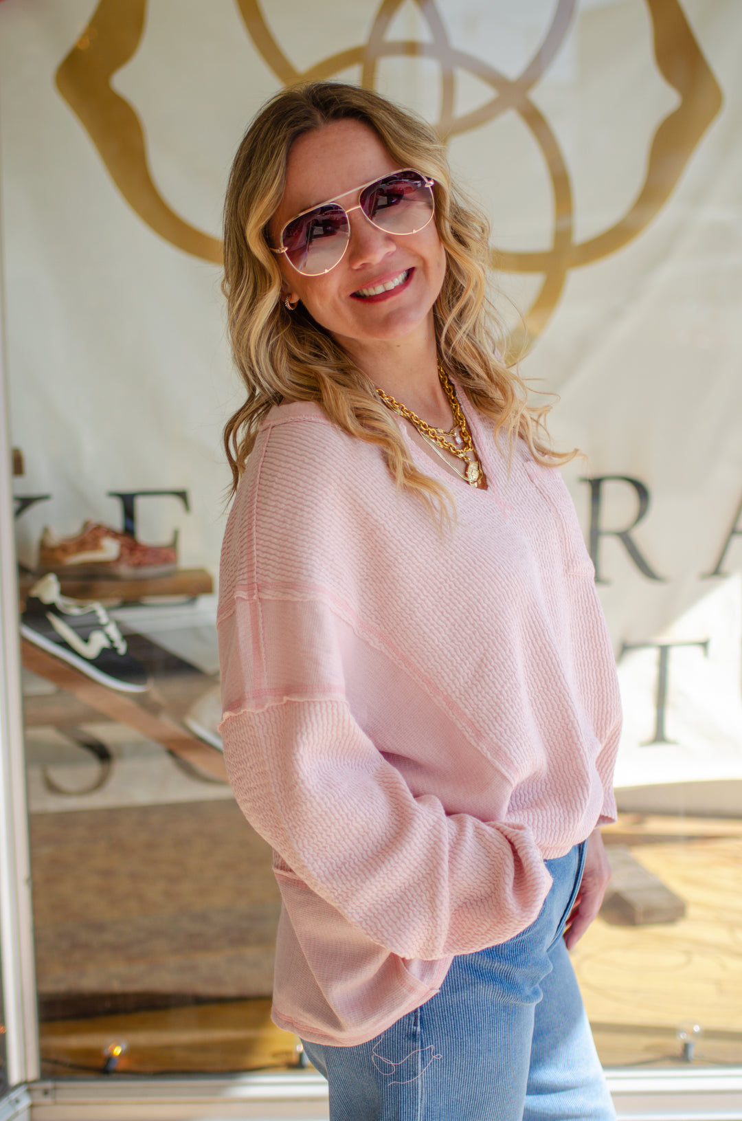 Classic Moment Oversized V-Neckline Long Sleeve Top in Light Pink