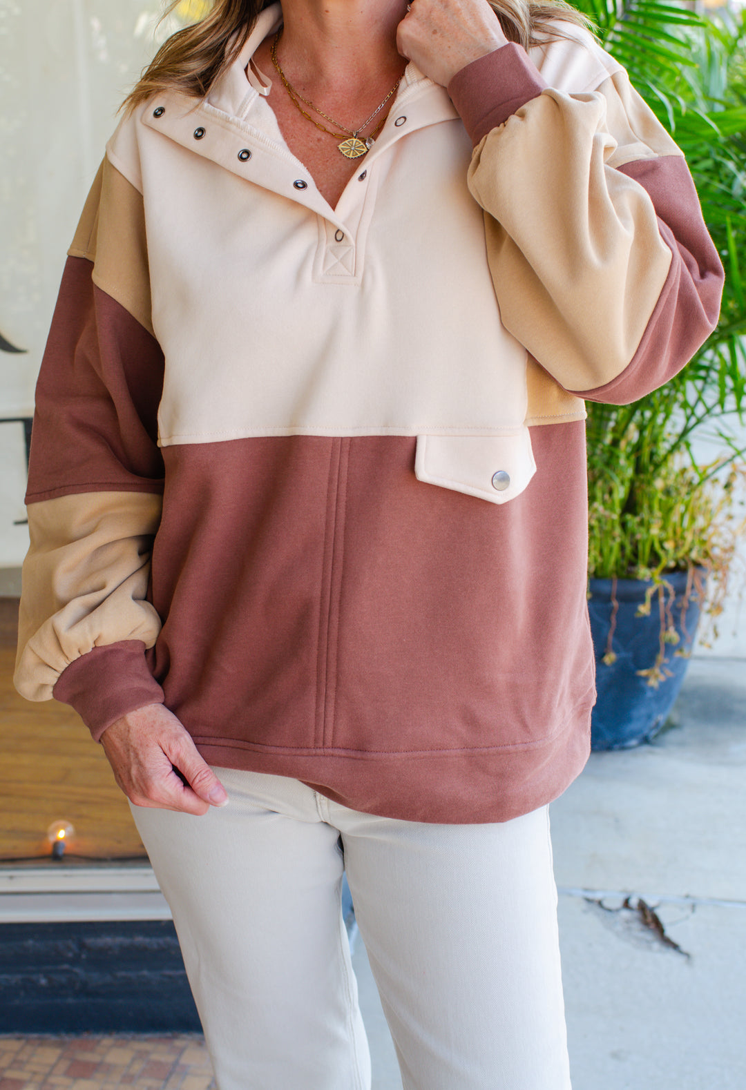 Fall Moments Color Block Oversized Pullover in Mocha