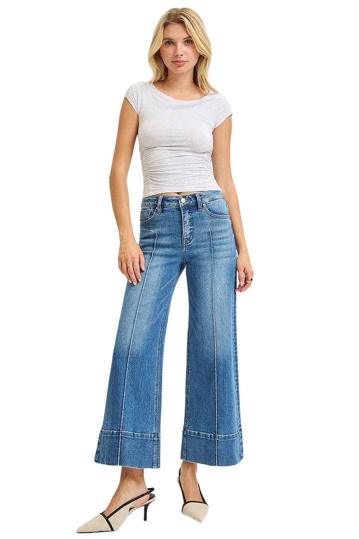 Risen Tummy Control Mid Rise Pin Tuck Crop Wide Leg Pants in Medium Wash