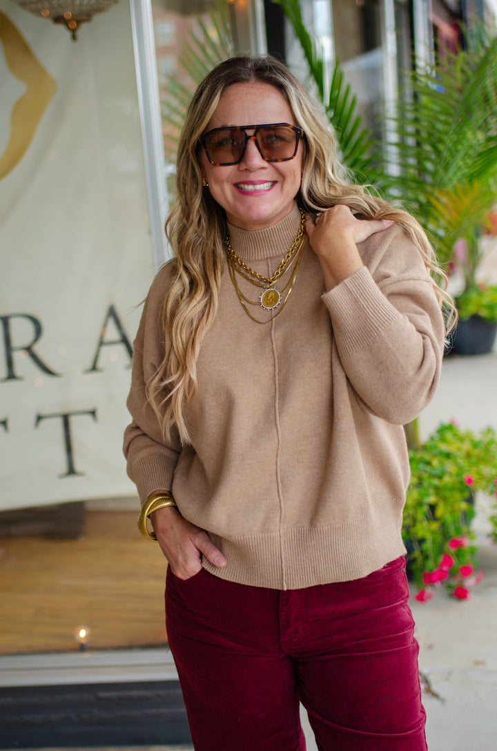 Winter Wish Front Seam Mock Neck Long Sleeve Knit Sweater in Camel