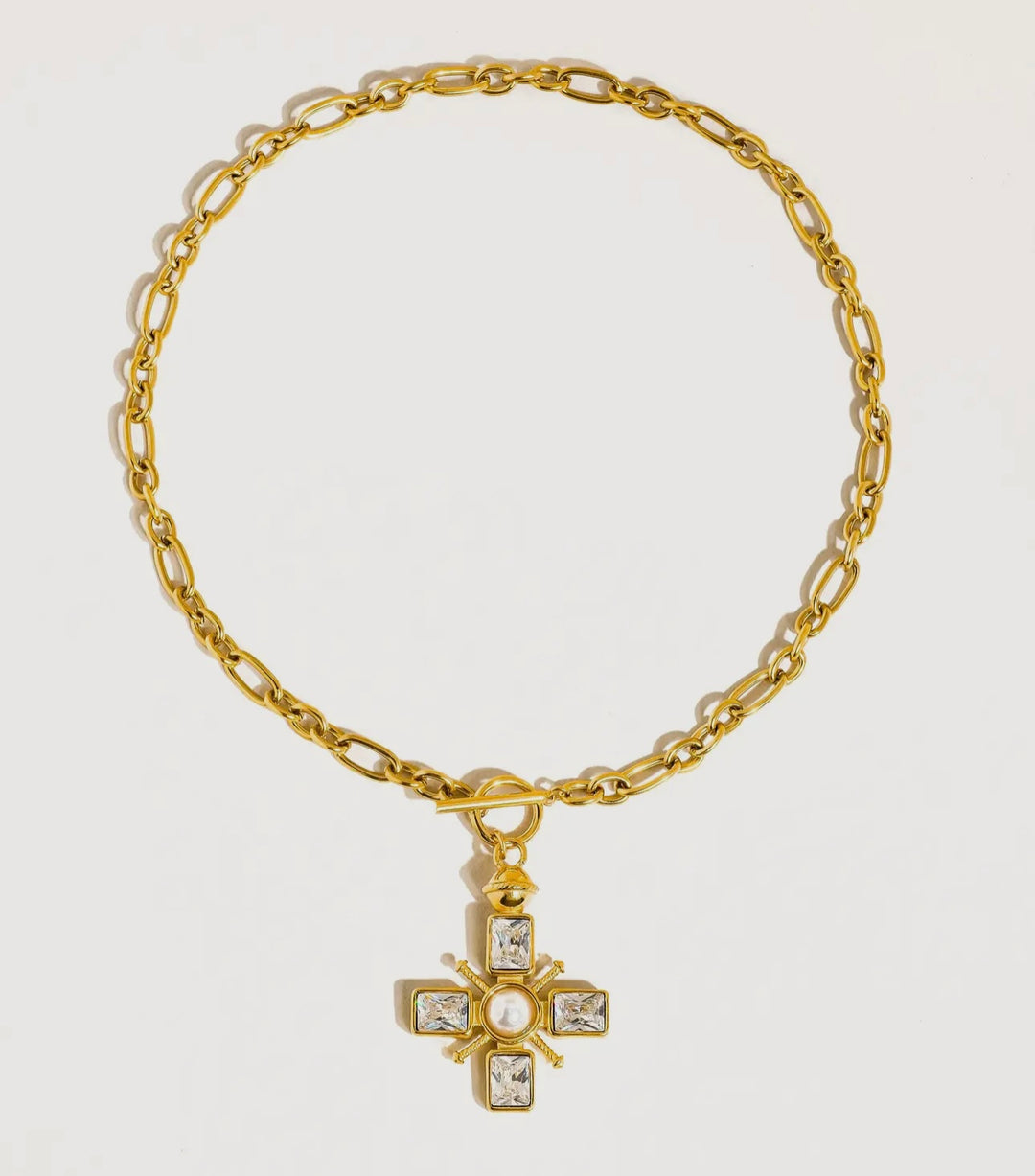 Jaqueline 18K Gold Plated Water & Tarnish Resistant Crystal & Pearl Cross Necklace