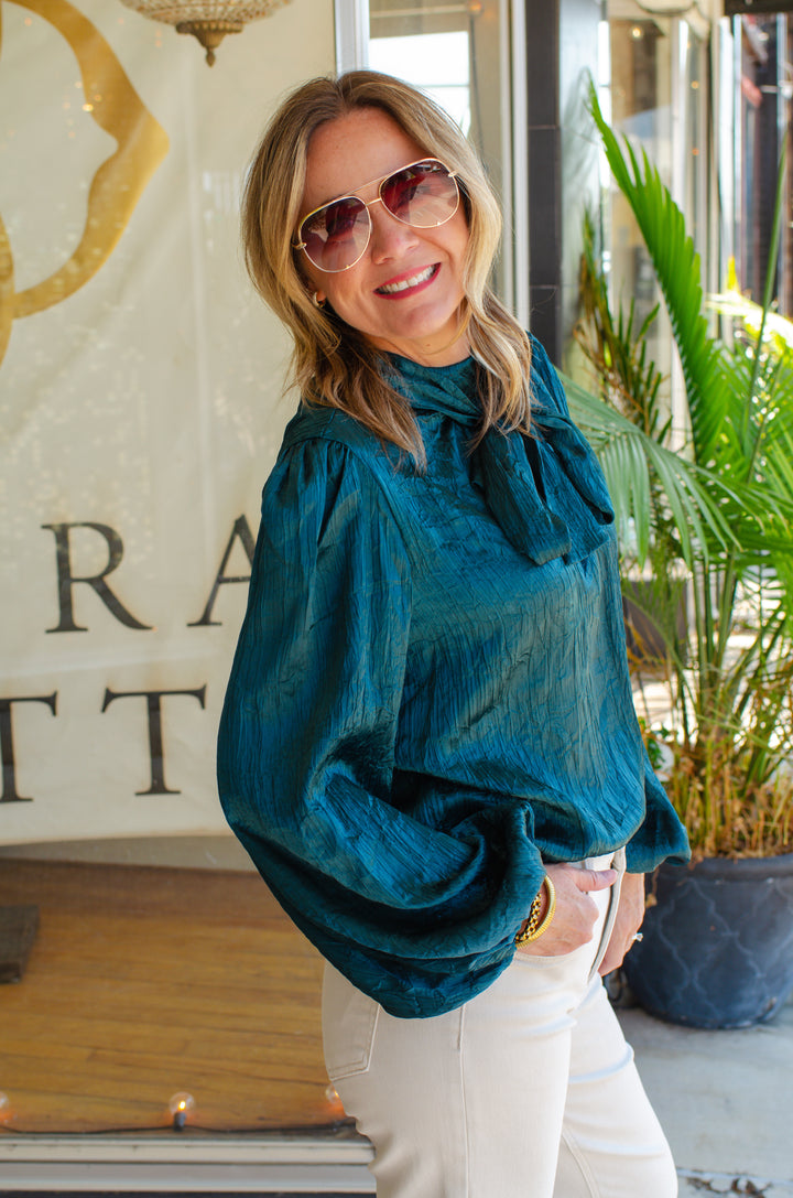 True Heart Bow Neckline Textured Satin Long Sleeve Blouse in Emerald Green