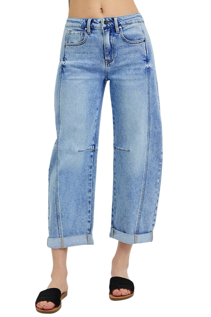 Risen High Rise Boyfriend Cuffed Barrel Jeans in Medium Wash