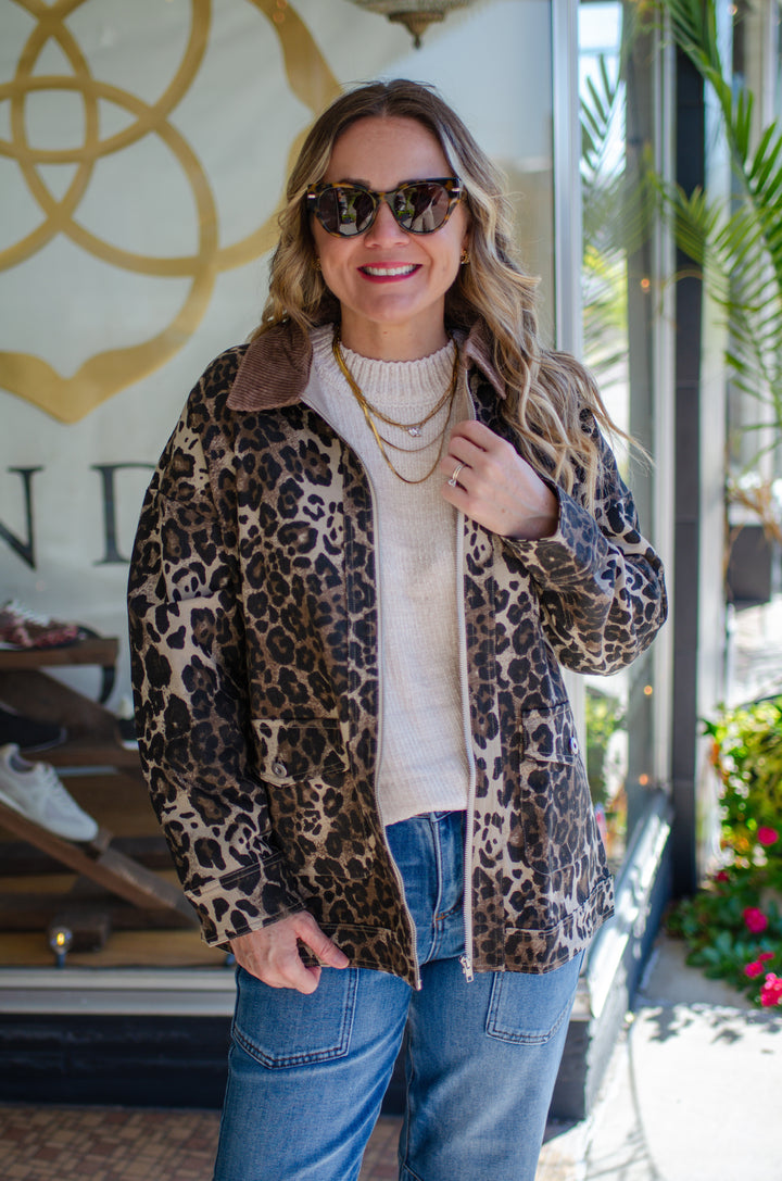 Be The Moment Leopard Printed Washed Twill Barn Style Jacket