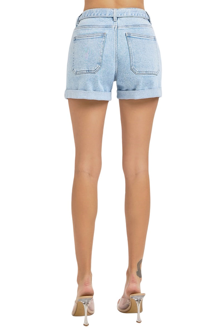 Risen Light Denim High Rise Belted (removable) Shorts in light wash