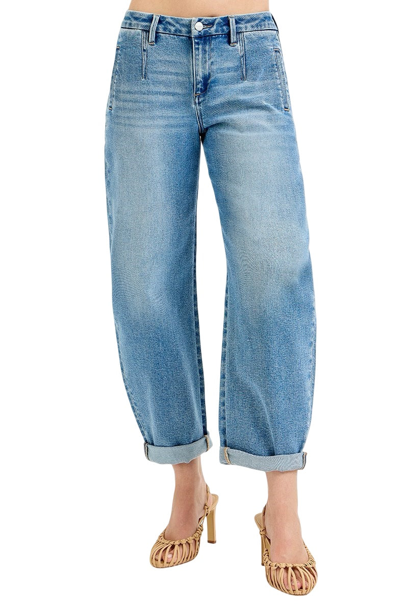 Risen Slouchy Barrel Rolled Up Jeans in Medium Wash