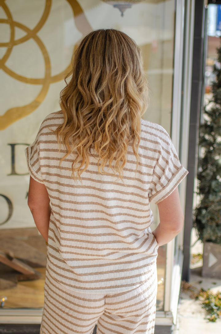 Comfort In You Textured Stripe Shirt Sleeve Top in Sand
