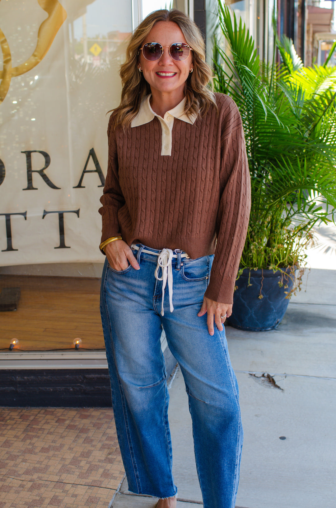 Preppy Way Collared 2-Tone Cable Knit Sweater in Mocha