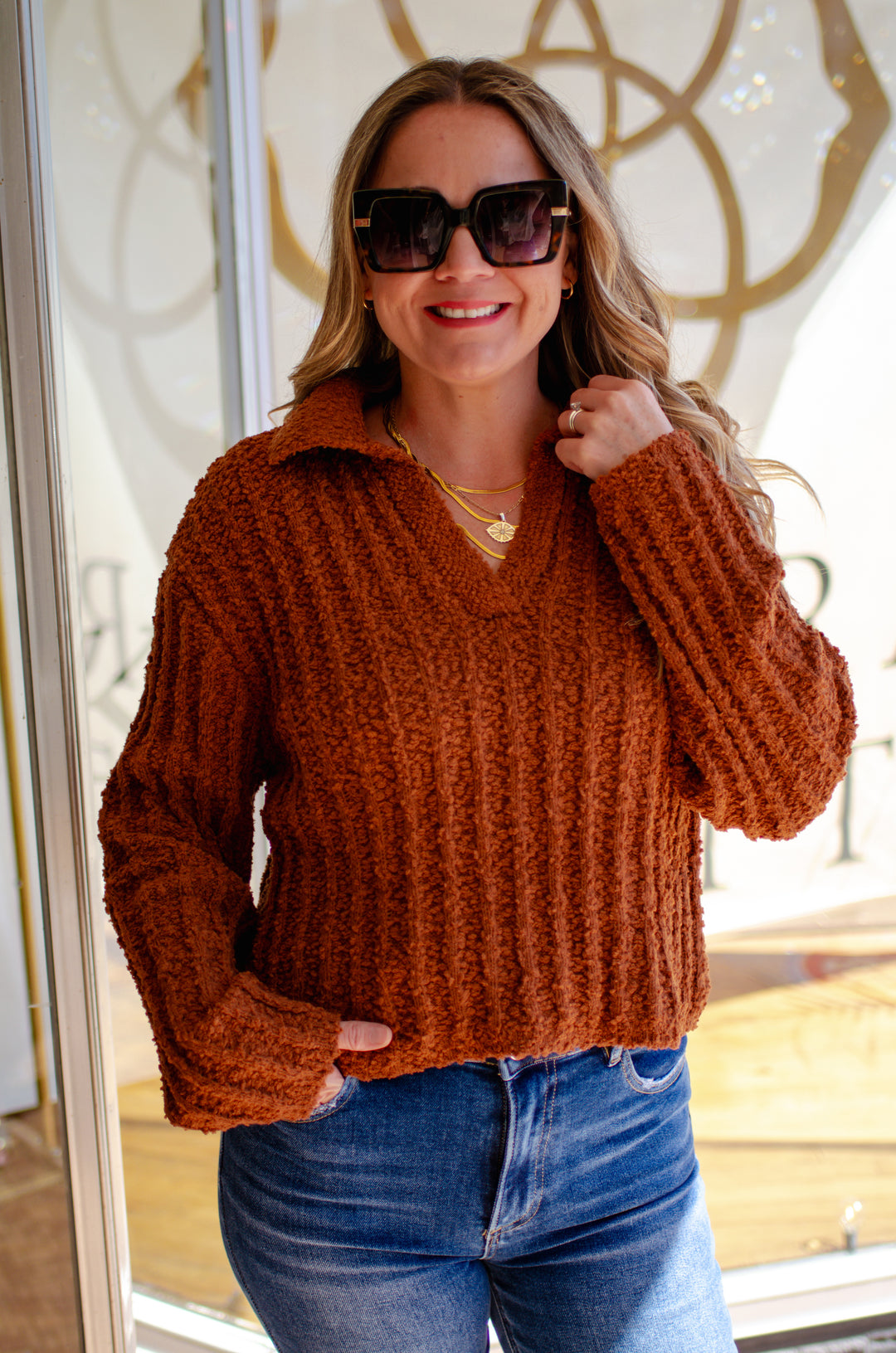 Autumn Chic Collared V-Neck Long Sleeve Soft Knit Sweater in Chestnut