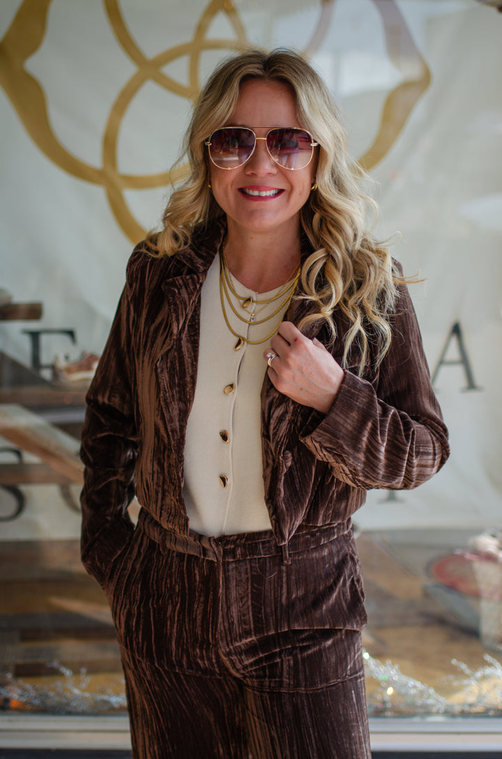 Pure Luxury Chocolate Brown Crushed Velvet Blazer Jacket