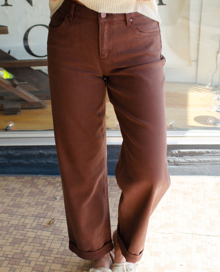 Risen Tummy Control Mid Rise Ankle Relaxed Baggy Barrel Pants in Cocoa