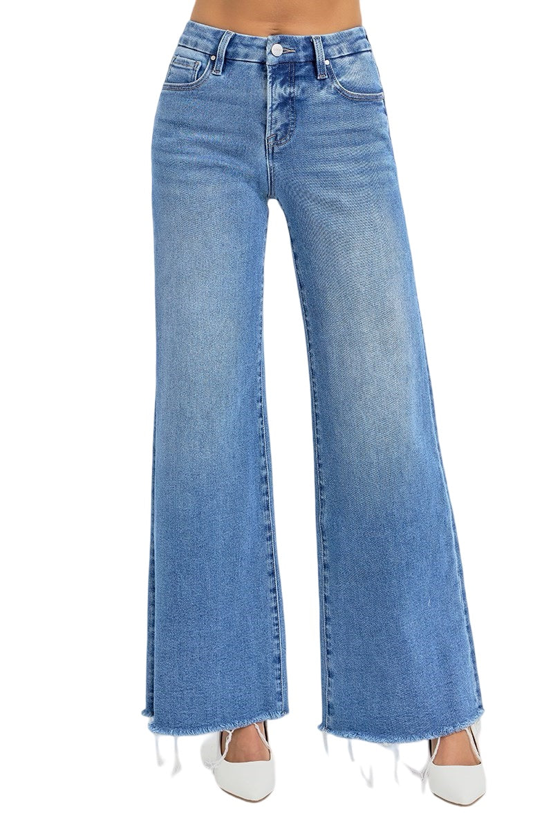 Risen Mid Rise Tummy Control Wide Leg Jeans in Medium Wash