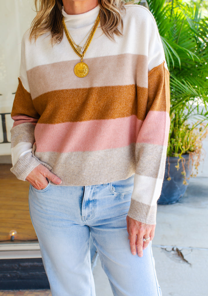 True One Multi Color Stripe Mock Neck Sweatshirt