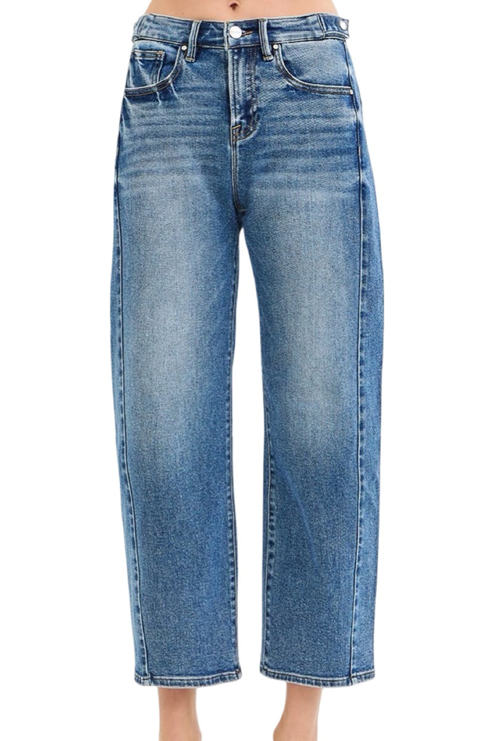 Risen High Rise Crop Length Barrel Jeans in Dark Wash