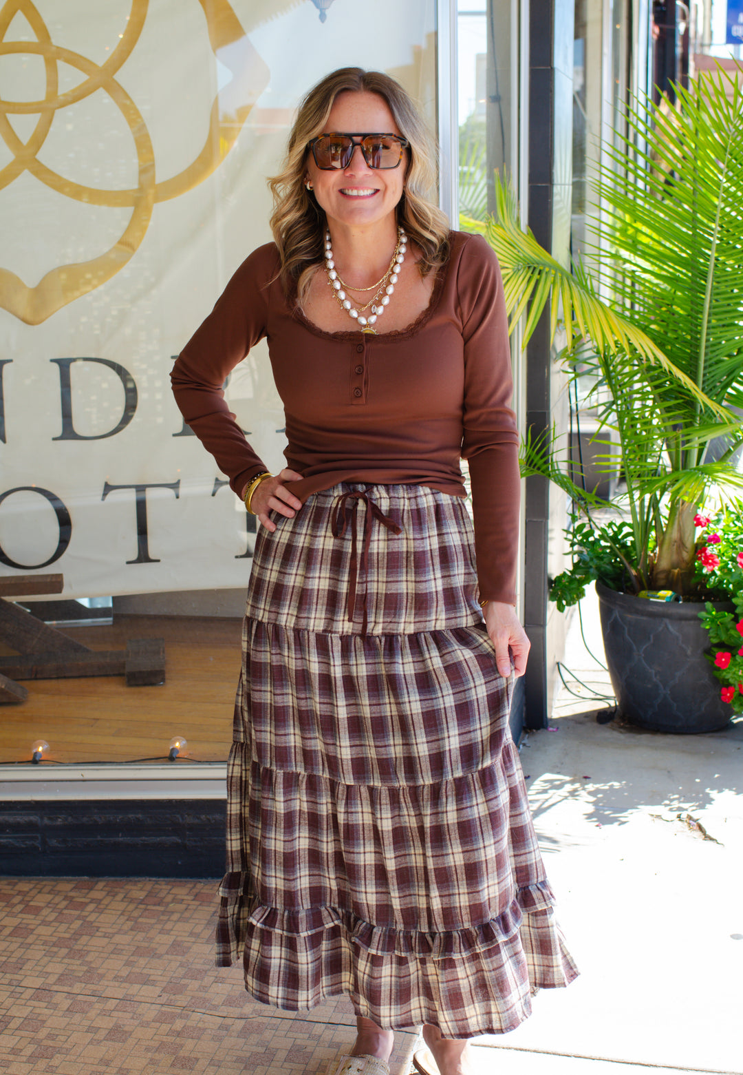 Fall Plaid Tiered Skirt in Chocolate Mix