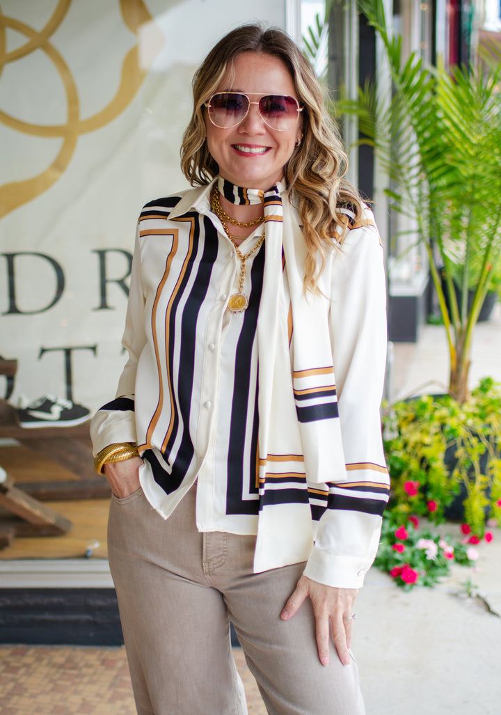 Perfectly Posh Button Down Top with Neck Scarf in Cream
