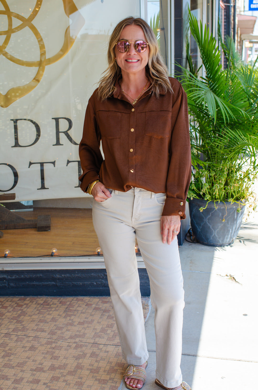 Classic Style 3/4 Sleeve Button Down Top in Chocolate