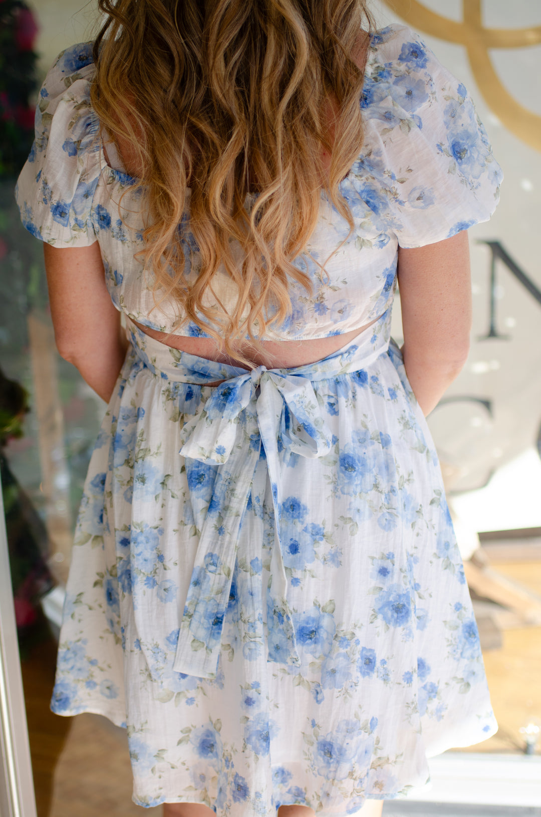 Tea Time Floral Corset Top Tie Back Dress in Blue