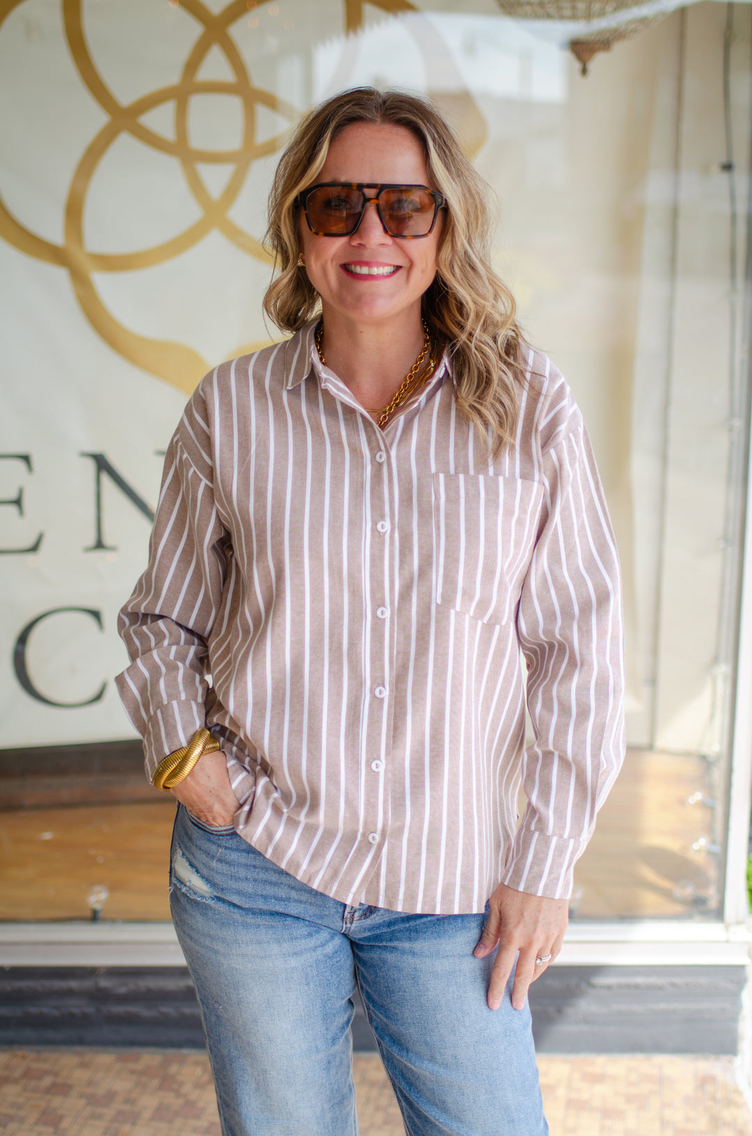 Fall Classic Stripe Button Down Boyfriend Top in Mocha