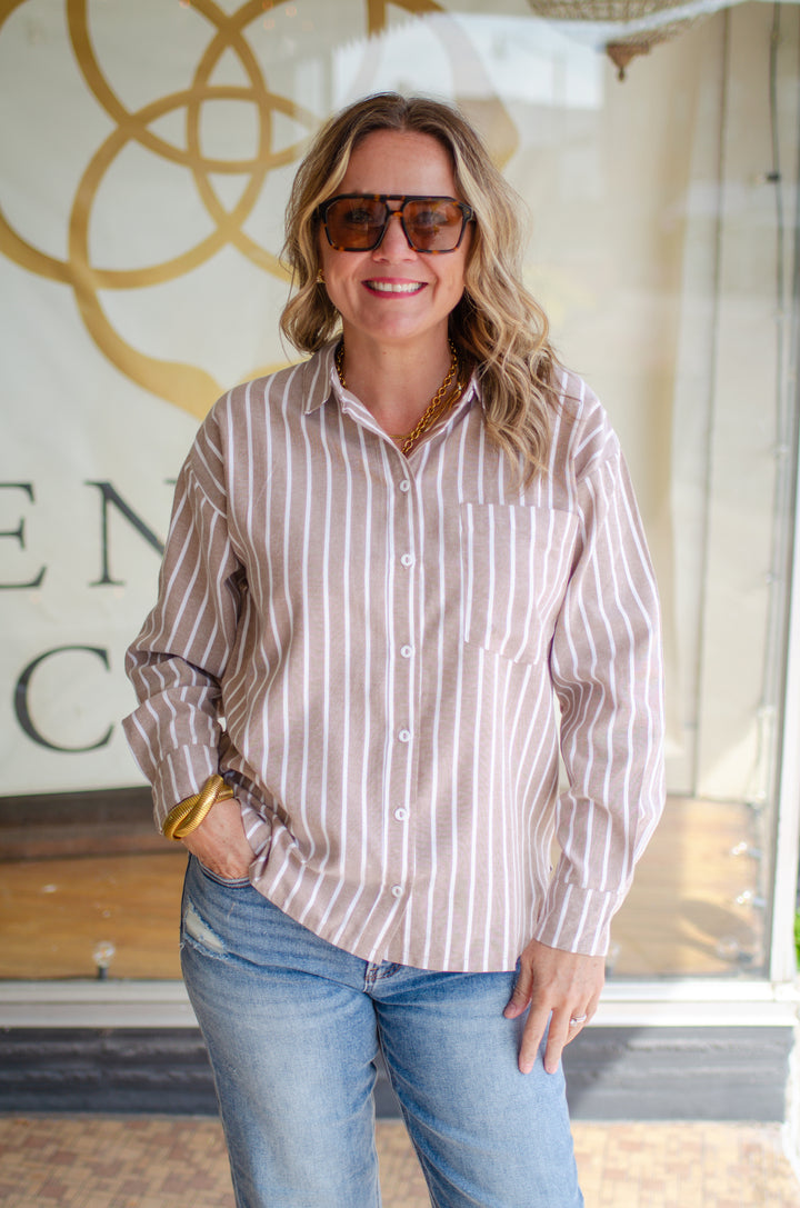 Fall Classic Stripe Button Down Boyfriend Top in Mocha