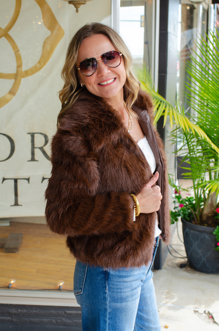 Forever Glam Fur Zip Front Jacket in Brown