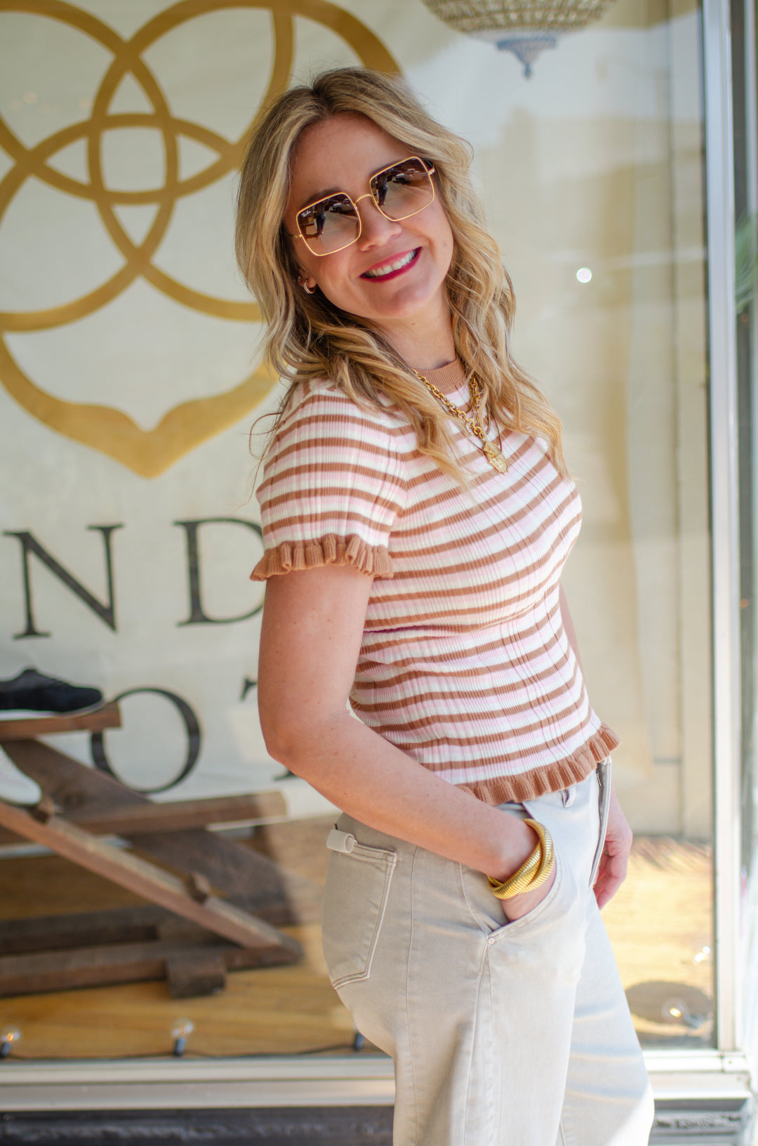 Feeling Fabulous Stripe Knit Fitted Ruffle Detail Top in Pink & Mocha