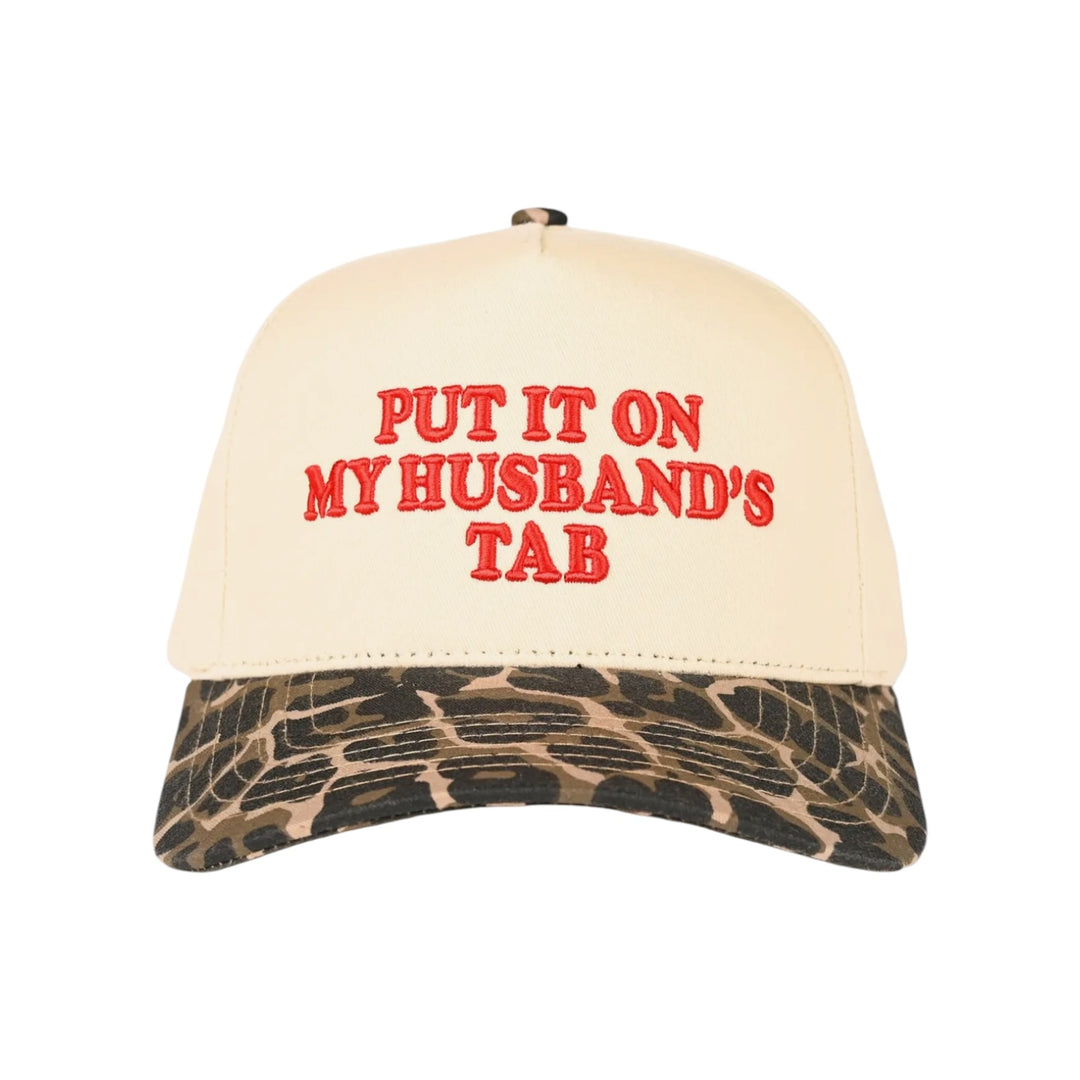 Put It on My Husbands Tab Trucker Hat in Red Embroidered Leopard/Cream 2 Tone Hat