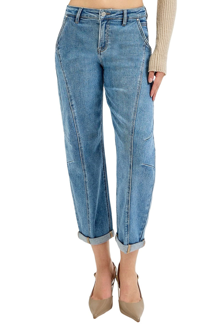 Risen Slouchy Crop Seam Detailed Barrel Jeans in Medium Wash