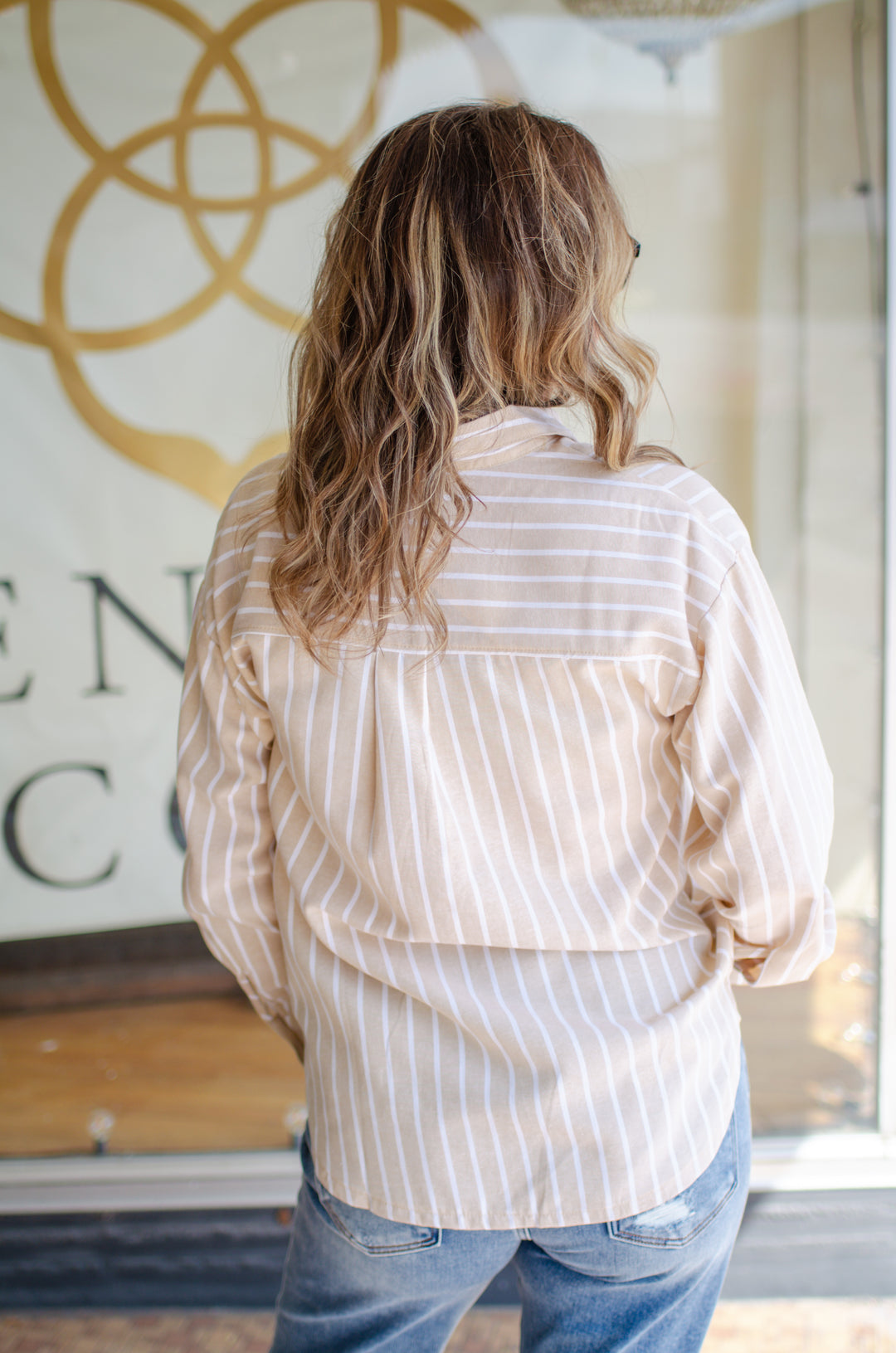 Fall Classic Stripe Button Down Boyfriend Top in Taupe