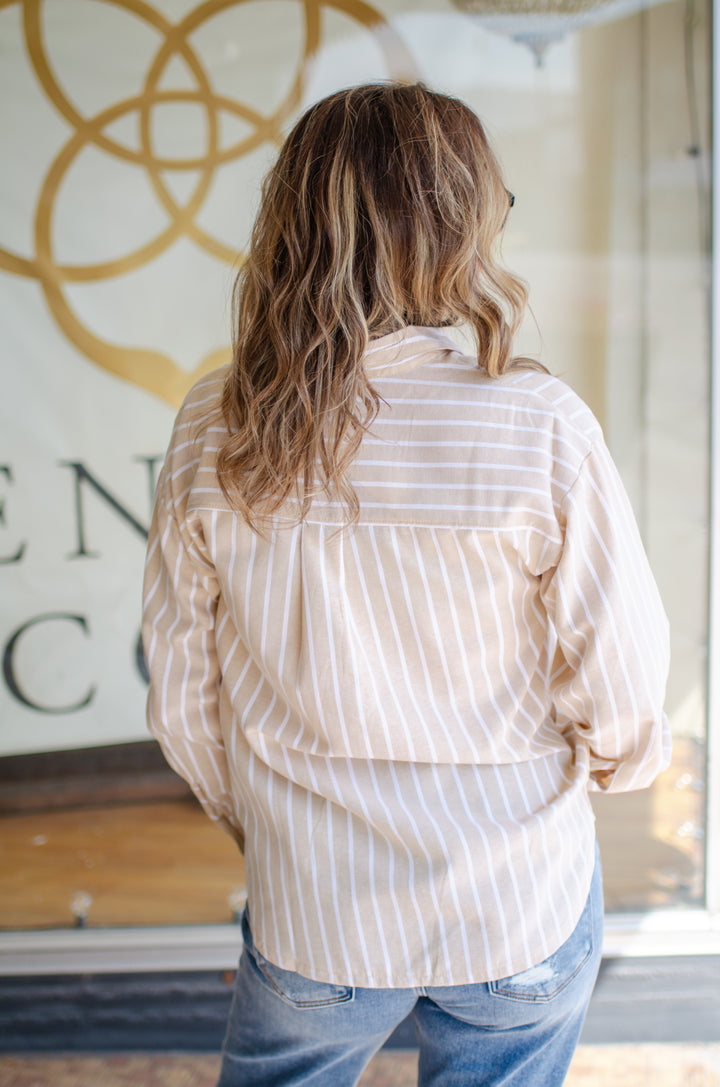 Fall Classic Stripe Button Down Boyfriend Top in Taupe