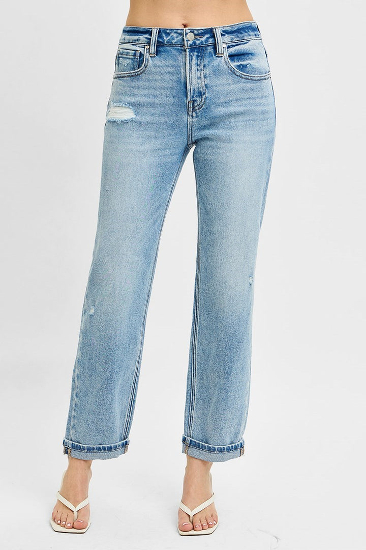 Risen High Rise Ankle Boyfriend Distressed Jeans in Light Wash