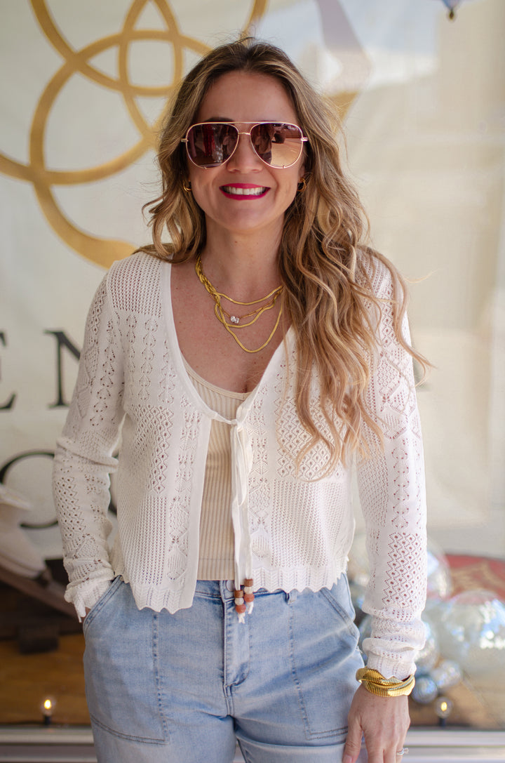 Summer Love Crochet Knit Long Sleeve Tie Front Cardigan in White