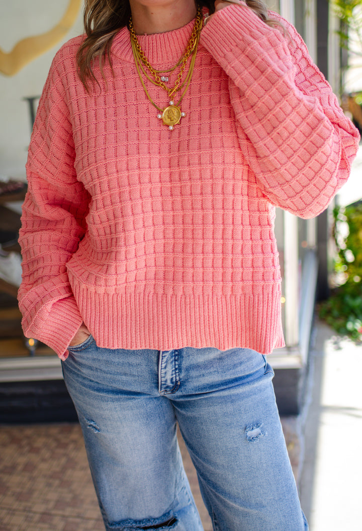 Take It Easy Textured Knit Sweater in Coral