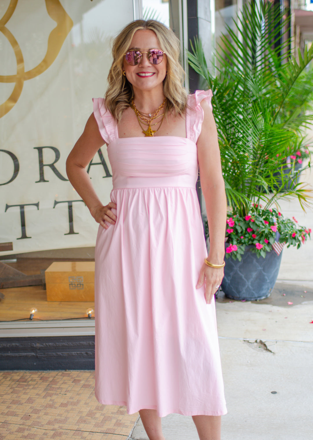 Whimsical Beauty Ruffled Shoulder Empire Waist Maxi Dress in Pink