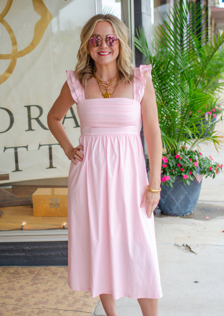 Whimsical Beauty Ruffled Shoulder Empire Waist Maxi Dress in Pink