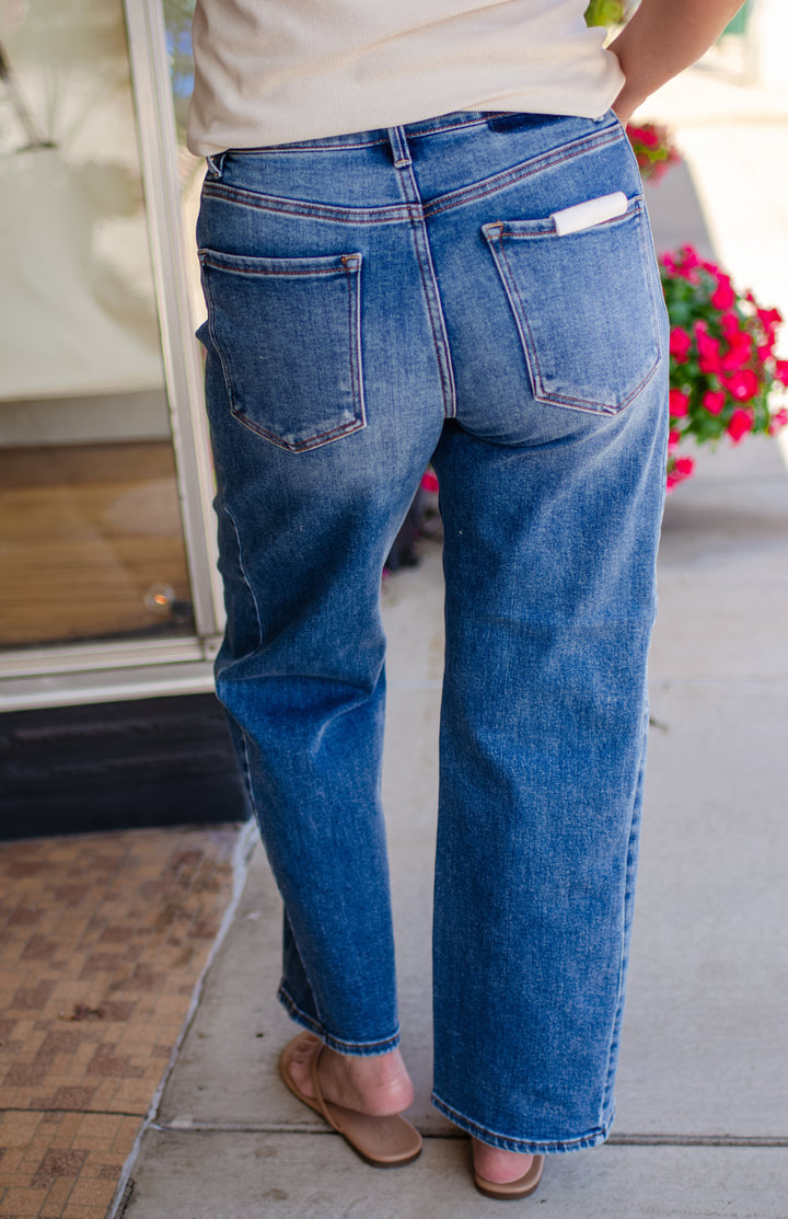 Risen High Rise Crop Length Barrel Jeans in Dark Wash