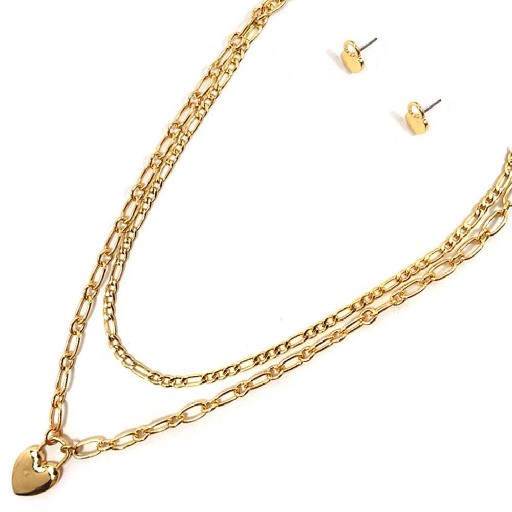 Gold Double Layered Heart Lock Pendant Necklace