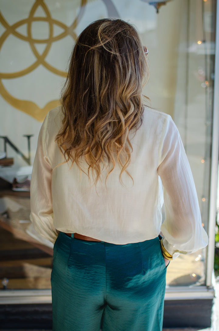 Take Me Back Pearl Collar Button Down Tuck Front Top in Cream