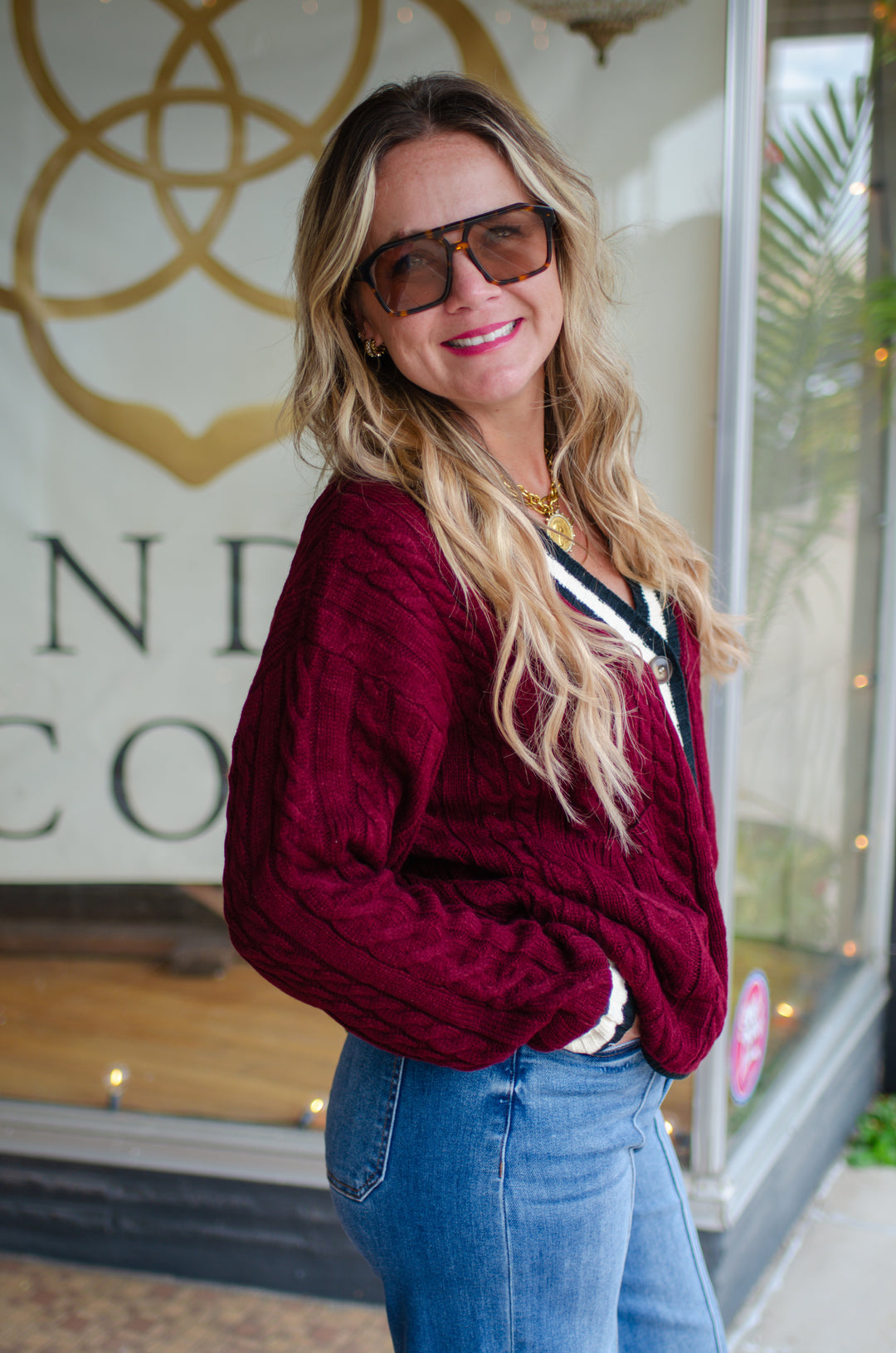 Burgundy Knit Varsity Button Down Sweater