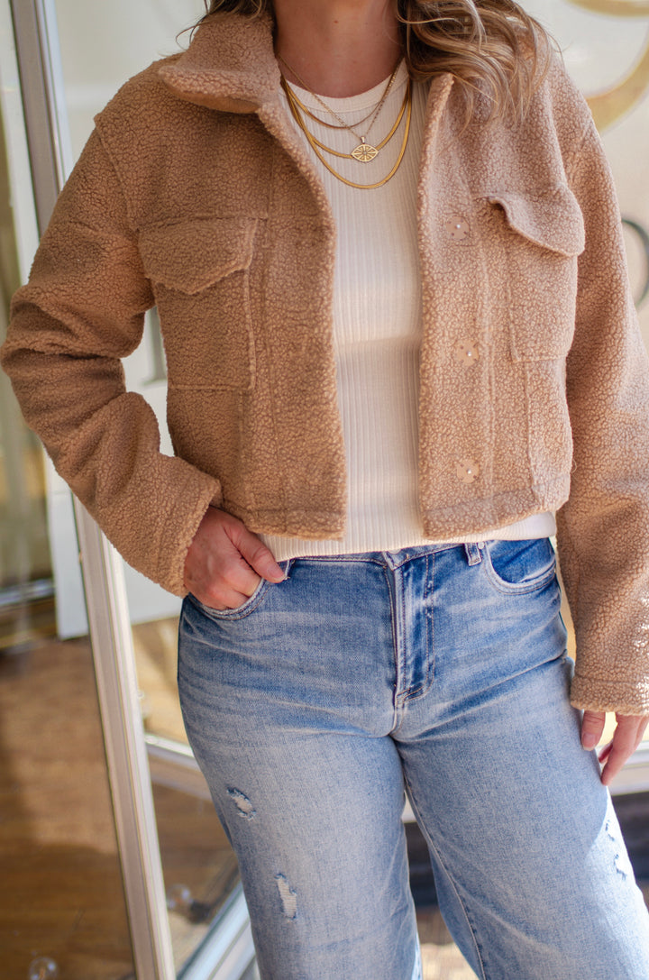 Your Like Home Shearling Cropped Button Front Jacket with Pockets in Camel